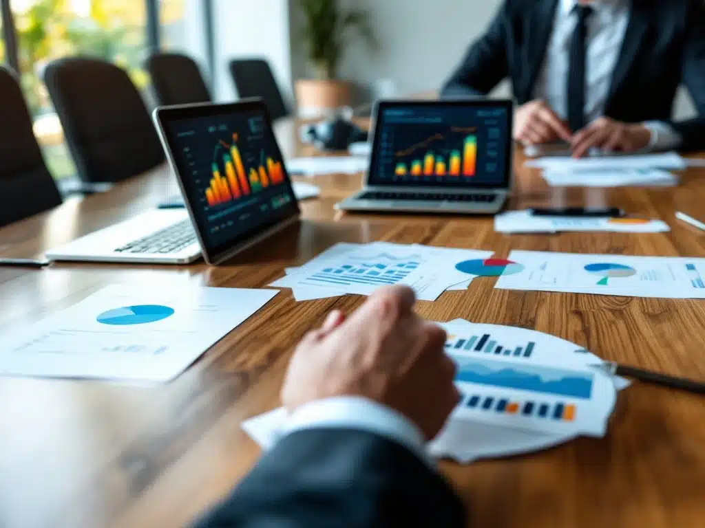 Moderni neuvotteluhuone puisella pöydällä, jossa talousdokumentteja, tietokone analytiikkakaavioilla ja tabletti talousennusteilla. Ammattilainen osoittaa avaintietoja.
